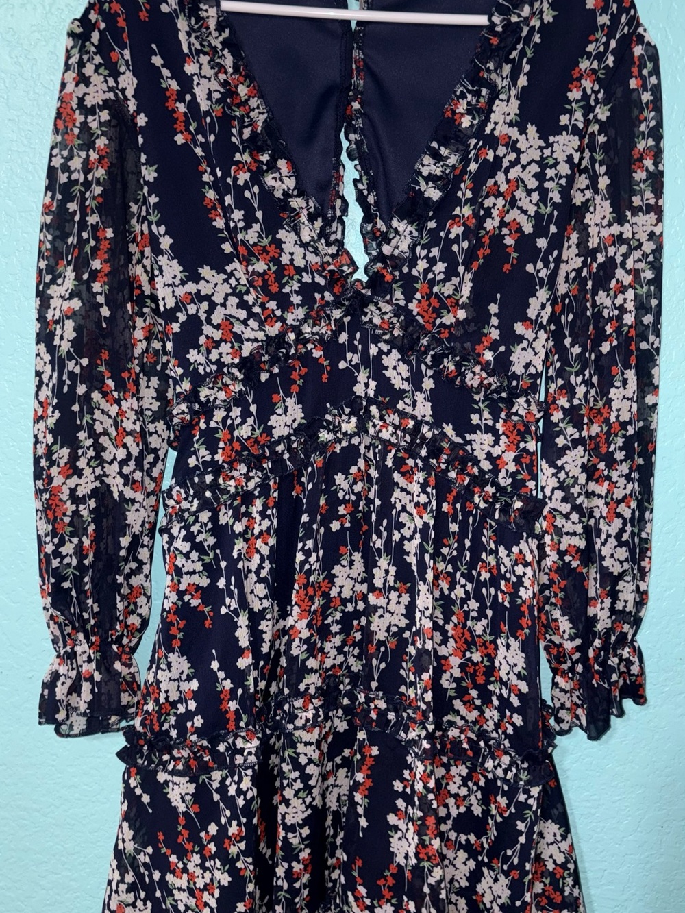 Floral Ruffle V-Neck Long Sleeve Dress - Navy with White & Red Flowers